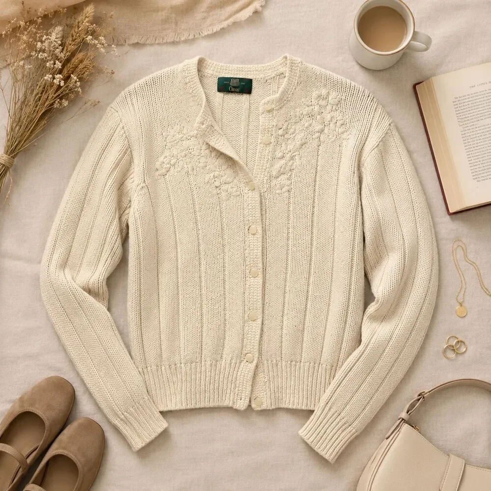Orvis Women's M Cream Silk Cotton Floral Embroidered Button Cardigan Sweater